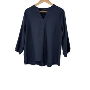 Mercer‎ Mettle Womens Blouse Top L Long Sleeve V Neck Navy Blue Relaxed Fit
